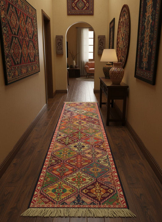 スマックキリム 手織り ペルシャキリム 高品質ウール イランシルジャン 産 敷物 廊下敷 202cmx50cm 【本物保証/直輸入】