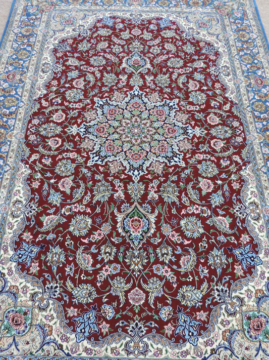 ペルシャ絨毯 カーペット ラグ ウール&シルク 手織り 高級 ペルシャ絨毯の本場 イラン イスファハン産 中型サイズ153cm×240cm 【本物保証/直輸入】