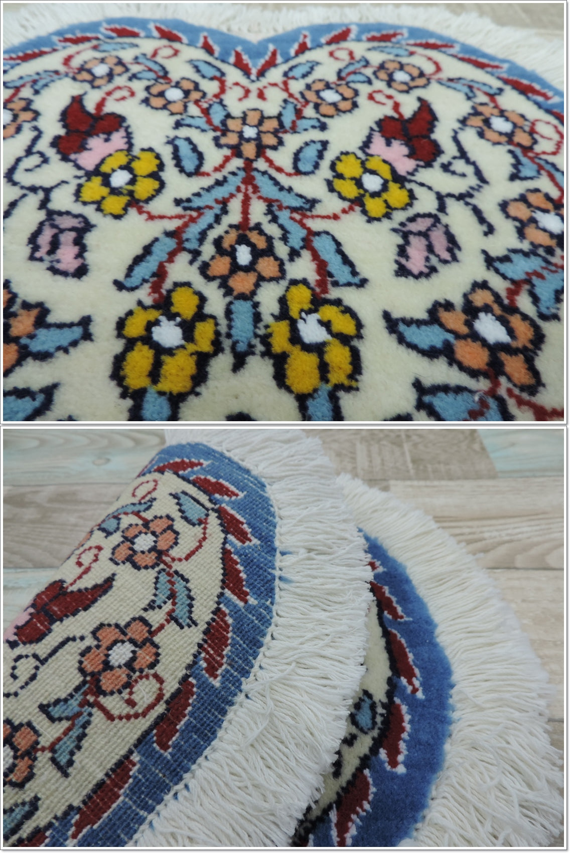 ペルシャ絨毯 愛らしいハートの形 ウール100% 手織り ペルシャ絨毯の本場 イラン ナイン産玄関マットなどに、サイズ 34cm×34cm【本物保証/直輸入】