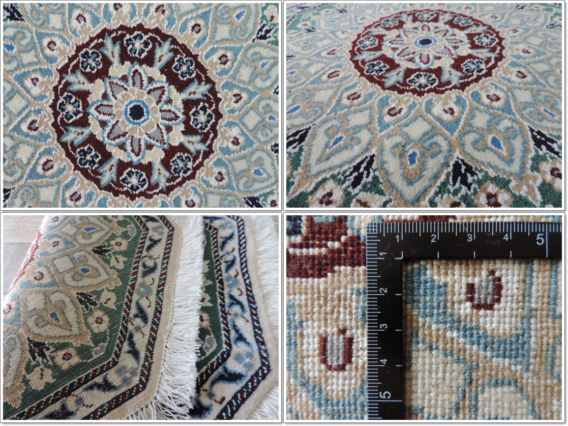 ペルシャ絨毯 カーペット ウール100%珍しい正八角形(オクタゴン)の形手織り 高級 ペルシャ絨毯の本場 イラン ナイン産玄関マットなどに 53cm×53cm【本物保証/直輸入】