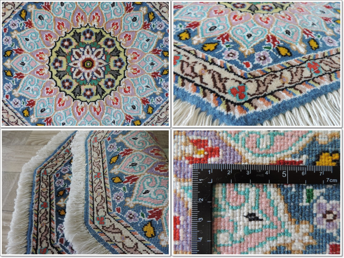 ペルシャ絨毯 カーペット ウール100%珍しい正八角形(オクタゴン)の形手織り 高級 ペルシャ絨毯の本場 イラン ナイン産玄関マットなどに 47cm×47cm【本物保証/直輸入】