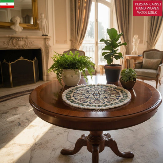 ペルシャ絨毯 愛らしいミニ丸形 ウール100% 手織り ペルシャ絨毯の本場 イラン ナイン産チェアーマット玄関マットなどに、サイズ 44cm×44cm【本物保証/直輸入】