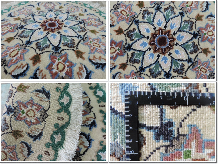 ペルシャ絨毯 愛らしいミニ丸形 ウール100% 手織り ペルシャ絨毯の本場 イラン ナイン産チェアーマット玄関マットなどに、サイズ 44cm×44cm【本物保証/直輸入】