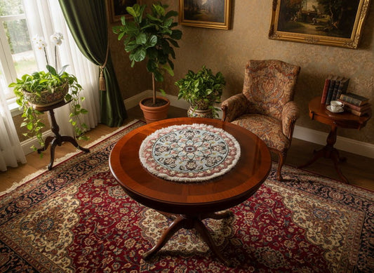 ペルシャ絨毯 愛らしいミニ丸形 ウール100% 手織り ペルシャ絨毯の本場 イラン ナイン産チェアーマット玄関マットなどに、サイズ 43cm×43cm【本物保証/直輸入】