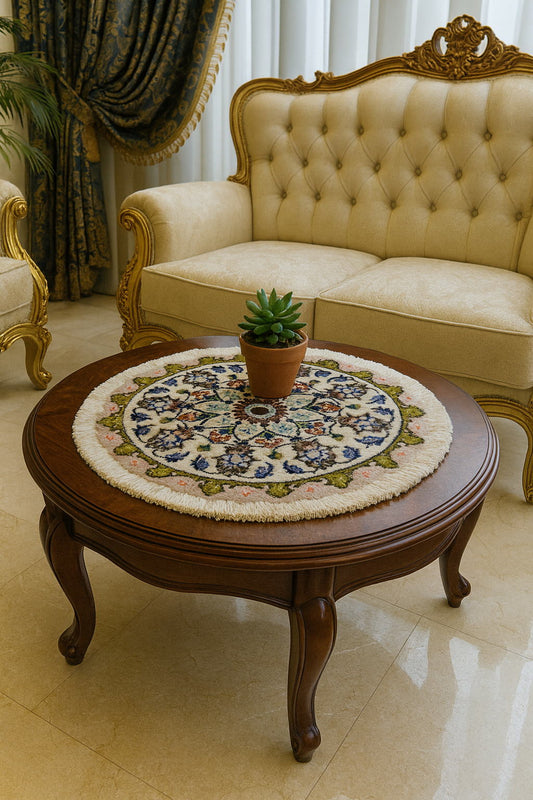 ペルシャ絨毯 愛らしいミニ丸形 ウール100% 手織り ペルシャ絨毯の本場 イラン ナイン産チェアーマット玄関マットなどに、サイズ 45cm×45cm【本物保証/直輸入】