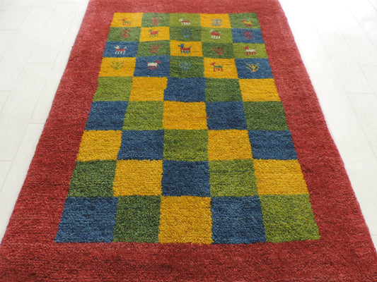 ギャッベ 手織り ウール ギャッベの本場 イラン シラーズ産 玄関マットサイズ 97cm×63cm カーペット 絨毯 【本物保証】