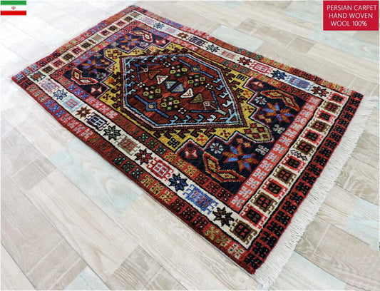 ペルシャ絨毯 カーペット トライバルラグ ウール100% 手織り ペルシャ絨毯の本場 イランアゼルバイジャン アルダビル産 玄関マットサイズ103cm×60cm 【本物保証/直輸入】