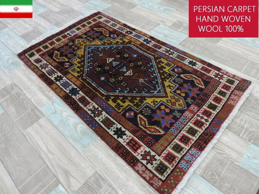 ペルシャ絨毯 カーペット トライバルラグ ウール100% 手織り ペルシャ絨毯の本場 イランアゼルバイジャン アルダビル産 玄関マットサイズ104cm×58cm 【本物保証/直輸入】