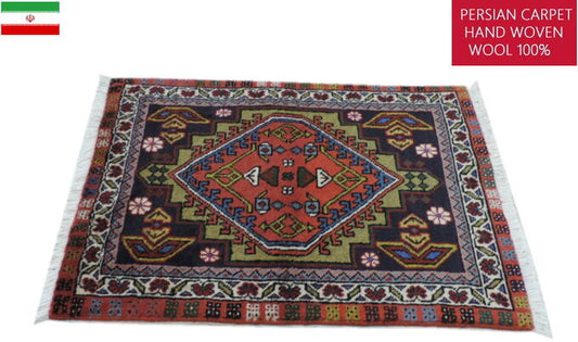 ペルシャ絨毯 カーペット トライバルラグ ウール100% 手織り ペルシャ絨毯の本場 イランアゼルバイジャン アルダビル産 玄関マットサイズ103cm×62cm 【本物保証/直輸入】