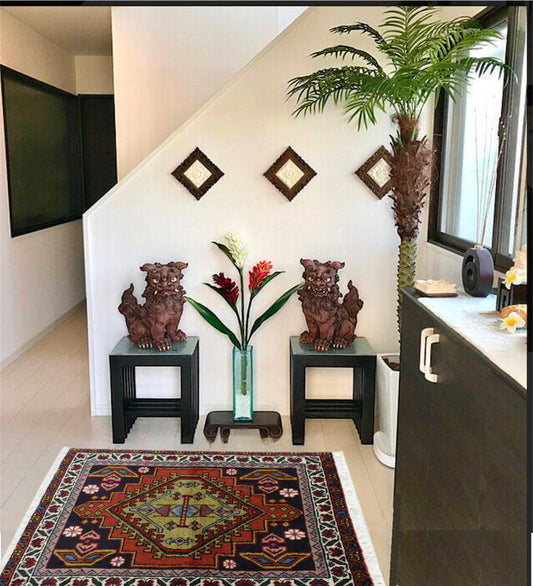 ペルシャ絨毯 カーペット トライバルラグ ウール100% 手織り ペルシャ絨毯の本場 イランアゼルバイジャン アルダビル産 玄関マットサイズ104cm×63cm 【本物保証/直輸入】