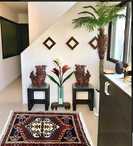 新品*訳アリ*格安 ペルシャ絨毯 カーペット トライバルラグ ウール100% 手織り ペルシャ絨毯の本場 イランアゼルバイジャン アルダビル産 玄関マットサイズ104cm×60~66cm 歪みあり