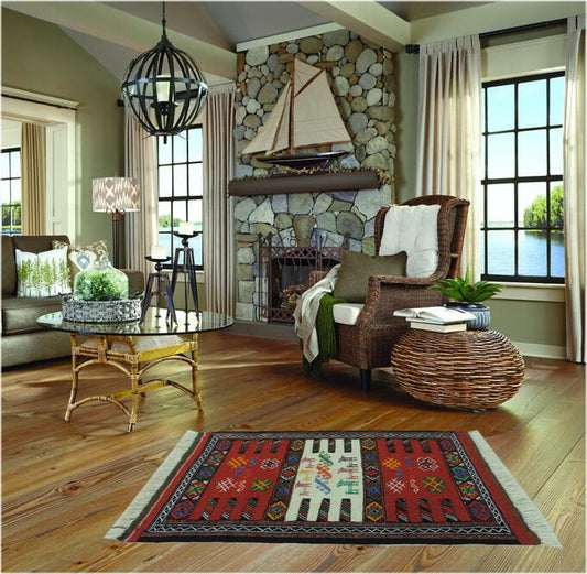 キリム 手織り ペルシャキリム ウール製 イラン 刺繍入りキリム グーチャン産 ラグ 敷物 玄関マットサイズ 100cmx64cm 【本物保証/直輸入】