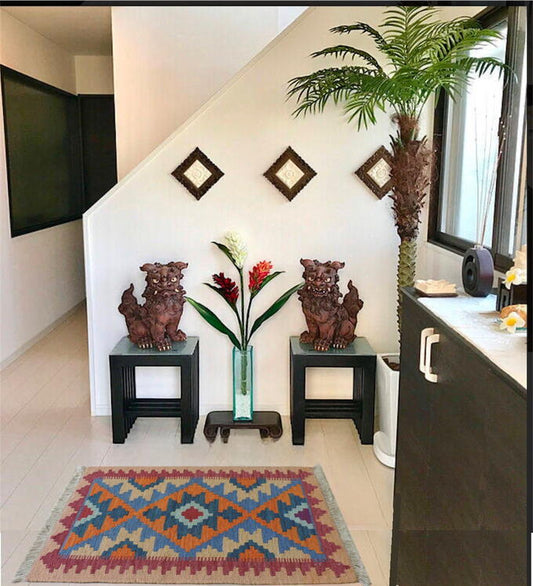 手織りウール100% ペルシャ シラーズ産 カシュカイキリム<br />玄関マットサイズ:62cmx100cm【送料無料】