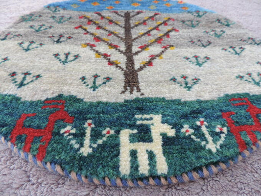 ギャッベ ギャベ 手織り ギャッベの本場(イラン シラーズ産)座布団サイズ:38cmx38cm丸い可愛らしい座布団マットギャッベ【本物保証】