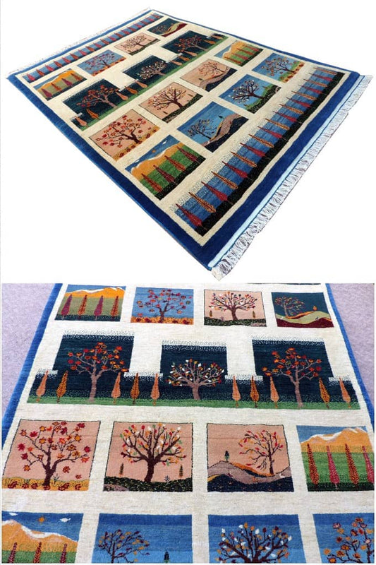 ペルシヤギャッベ手織り 草木染ウール100% ロリバフ高密度室内装飾 送料無料 ギャッベの本場 イラン シラーズ産 カーペットラグリビング部屋タイルデザイン景色リビング ラグサイズ 196cm×142cm 【本物保証】