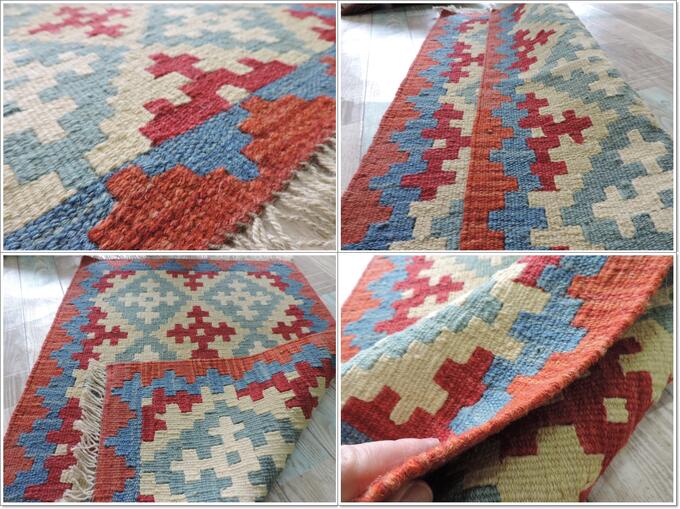 手織りウール100% ペルシャ シラーズ産 カシュカイリバーシブルキリム<br />玄関マットサイズ:96cmx64cm【送料無料】