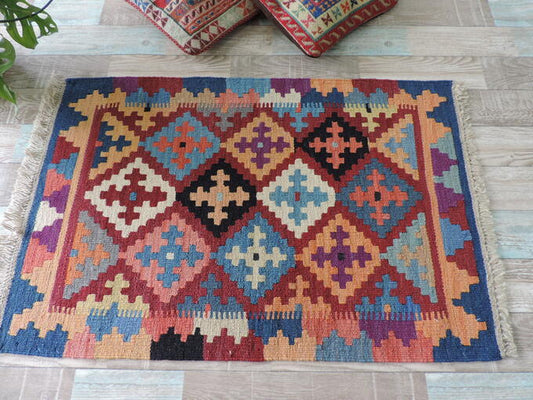 手織りウール100% ペルシャ シラーズ産 カシュカイリバーシブル キリム<br />玄関マットサイズ:98cmx61cm【送料無料】