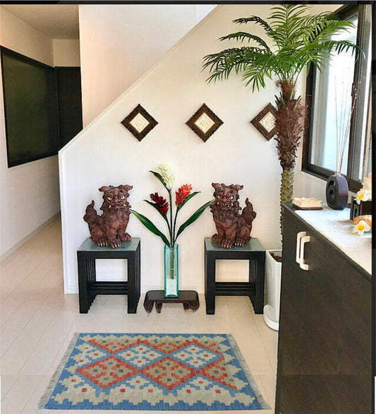 手織りウール100% ペルシャ シラーズ産 カシュカイキリム<br />玄関マットサイズ:63cmx98cm【送料無料】