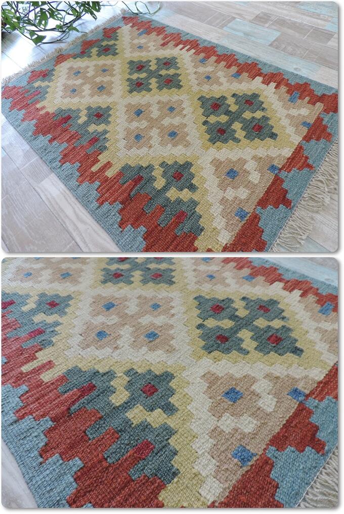 手織りウール100% ペルシャ シラーズ産 カシュカイリバーシブルキリム<br />玄関マットサイズ:66cmx97cm【送料無料】