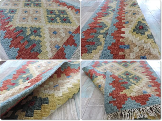 手織りウール100% ペルシャ シラーズ産 カシュカイリバーシブルキリム<br />玄関マットサイズ:66cmx97cm【送料無料】