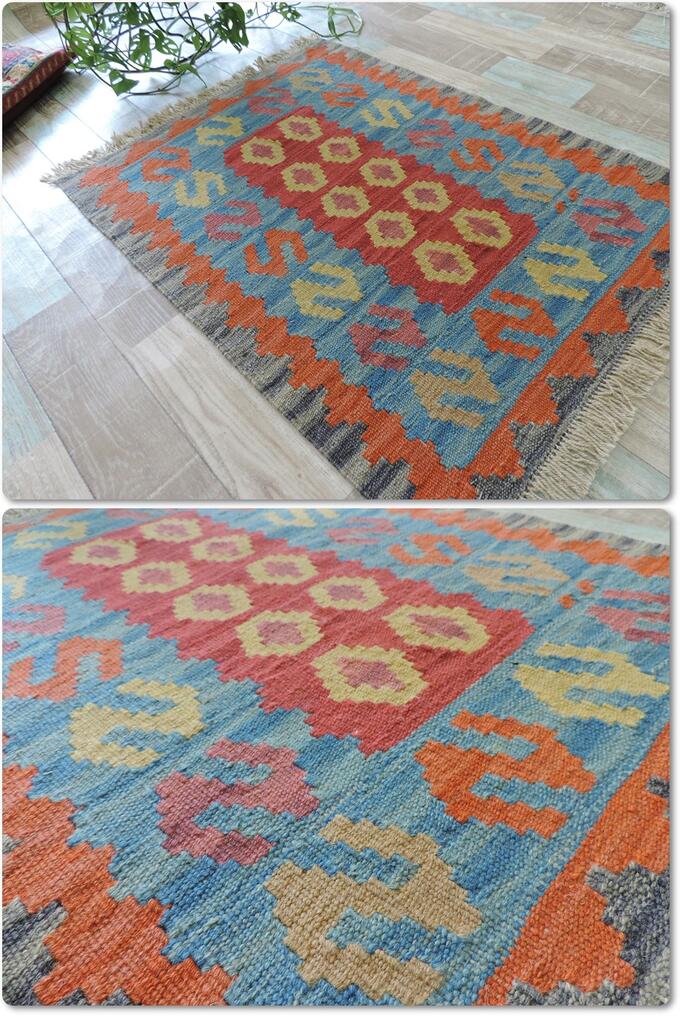 手織りウール100% ペルシャ シラーズ産 カシュカイリバーシブルキリム<br />玄関マットサイズ:64cmx92cm【送料無料】