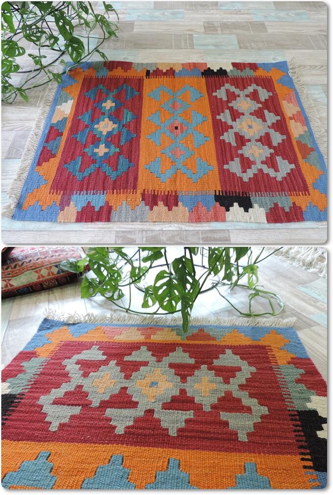 手織りウール100% ペルシャ シラーズ産 カシュカイリバーシブルキリム<br />玄関マットサイズ:60cmx94cm【送料無料】