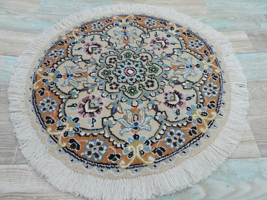 ペルシャ絨毯 カーペット ウール 手織り 高級 ペルシャ絨毯の本場 イラン ナイン産 円型 丸形 直径 55cm【本物保証/直輸入】