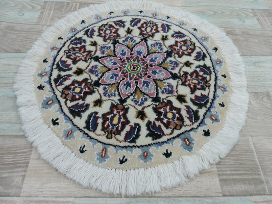 ペルシャ絨毯 カーペット ウール 手織り 高級 ペルシャ絨毯の本場 イラン ナイン産 円型 丸形 直径 42cm【本物保証/直輸入】