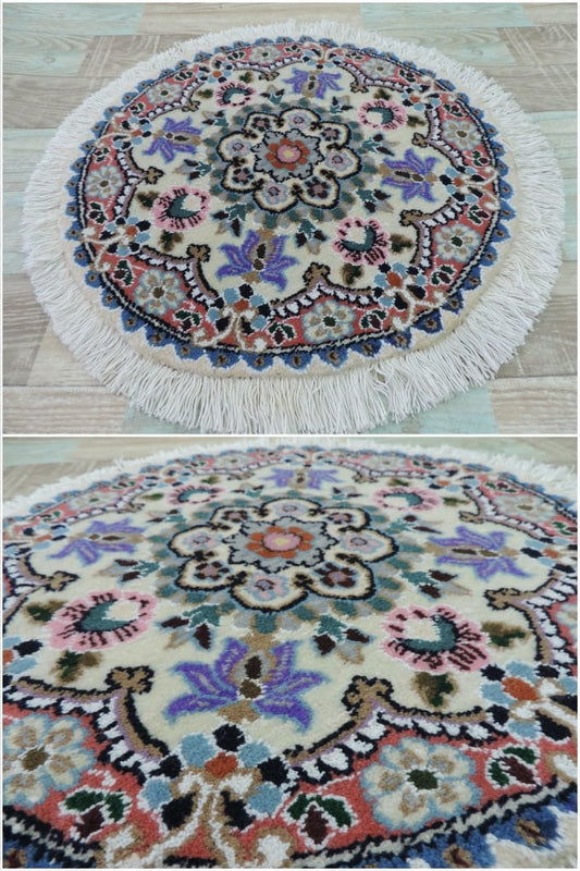 ペルシャ絨毯 カーペット ウール 手織り 高級 ペルシャ絨毯の本場 イラン ナイン産 円型 丸形 直径 48cm【本物保証/直輸入】