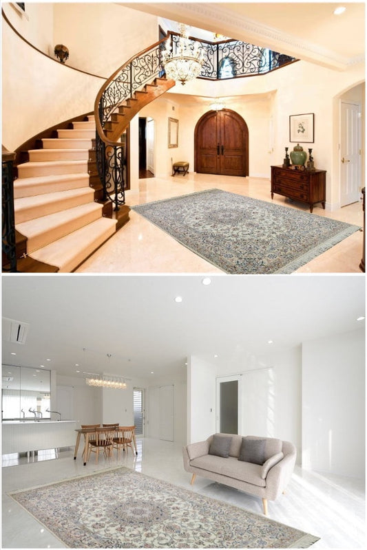 ペルシャ絨毯 カーペット ラグ ウール&シルク 手織り 高級 ペルシャ絨毯の本場 イラン ナイン産 大型サイズ 238cm×154cm 【本物保証/直輸入】