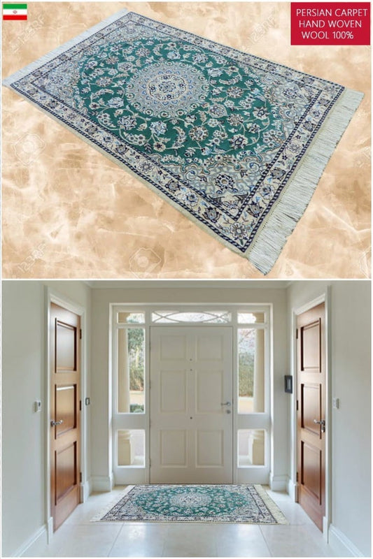 ペルシャ絨毯 カーペット ウール&コットン 手織り高級 ペルシャ絨毯の本場 イラン ナイン産 玄関マットサイズ 120cm×80cm【本物保証】