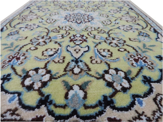 ペルシャ絨毯 カーペット 玄関マット ウール&シルク 手織り 高級 ペルシャ絨毯の本場 イラン ナイン産 60cm×40cm【本物保証/直輸入】