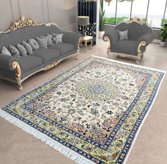 ペルシャ絨毯 カーペット ウール&シルク 高密度 手織り高級 花柄 ペルシャ絨毯の本場 イラン ナイン産 中型サイズ234cm×145cm【本物保証】