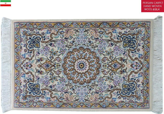 ペルシャ絨毯 カーペット 玄関マット ウール&シルク 手織り 高級 ペルシャ絨毯の本場 イラン ナイン産 90cm×61cm【本物保証/直輸入】