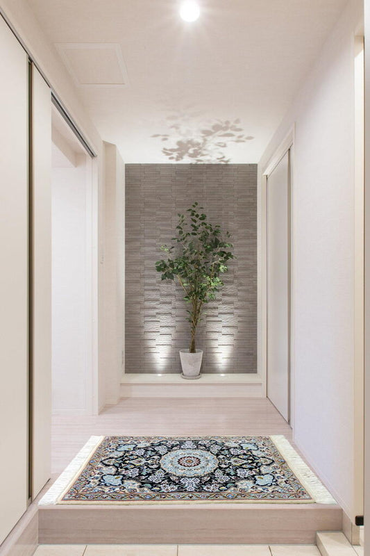 手織りペルシャ絨毯 カーペット ウール&シルク 高密度 手織り高品質 ペルシャ絨毯の本場 イラン ナイン産 玄関マット サイズ 89cm×61cm【本物保証】