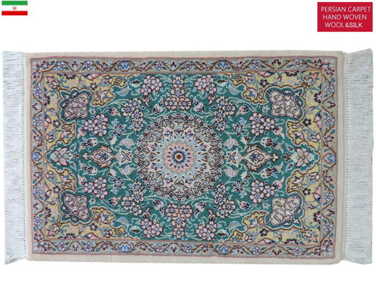 ペルシャ絨毯 カーペット 玄関マット ウール&シルク 手織り 高級 ペルシャ絨毯の本場 イラン ナイン産 91cm×62cm【本物保証/直輸入】