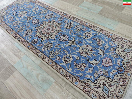 手織りペルシャ絨毯 カーペット ウール&シルク 高密度 手織り 高品質 ペルシャ絨毯の本場 イラン ナイン産 廊下敷きサイズ 123cm×45cm【本物保証】