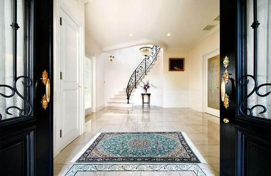 ペルシャ絨毯 カーペット 玄関マット ウール&シルク 手織り 高級 グリーン系 ペルシャ絨毯の本場 イラン ナイン産 118cm×81cm【本物保証/直輸入】