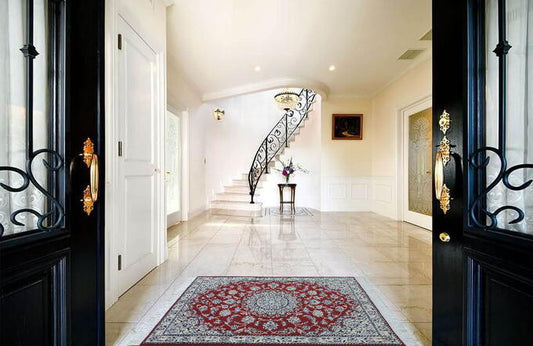 ペルシャ絨毯 カーペット 玄関マット ウール&シルク 手織り 高級 赤系 ペルシャ絨毯の本場 イラン ナイン産 110cm×78cm【本物保証/直輸入】