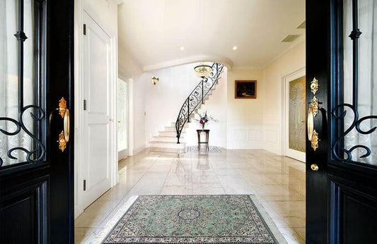 ペルシャ絨毯 カーペット 玄関マット ウール&シルク 手織り 高級 淡いグリーン系ペルシャ絨毯の本場 イラン ナイン産 105cm×79cm【本物保証/直輸入】