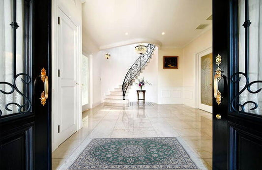 ペルシャ絨毯 カーペット 玄関マット ウール&シルク 手織り 高級 淡いグリーン系 ペルシャ絨毯の本場 イラン ナイン産 110cm×80cm【本物保証/直輸入】