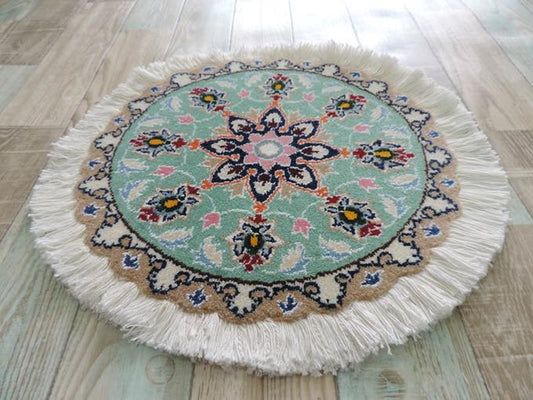 ペルシャ絨毯 カーペット ウール 手織り高級 ペルシャ絨毯の本場 イラン ナイン産 玄関マットサイズ 直径48cm 【本物保証】