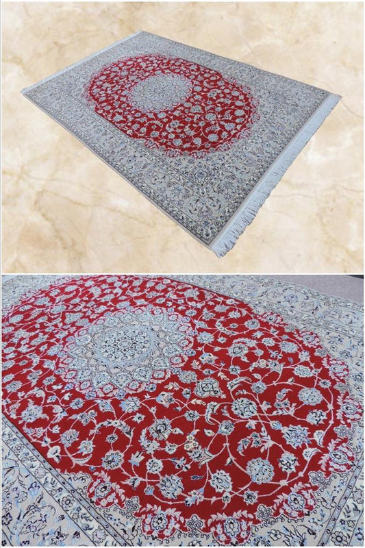 ペルシャ絨毯 カーペット ウール&シルク 6LA高密度【64万ノット】手織り高級 ペルシャ絨毯の本場 イラン ナイン産 中型サイズ 211cm×143cm【本物保証】