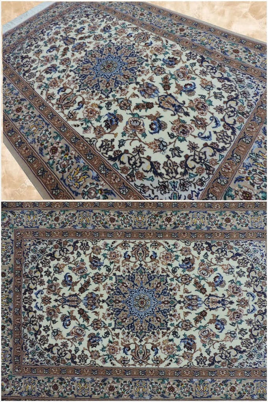 ペルシャ絨毯 カーペット コルクウール&シルク 手織り高級 ペルシャ絨毯の本場 イラン イスファハン産 玄関マットサイズ 130cm×83cm【本物保証】