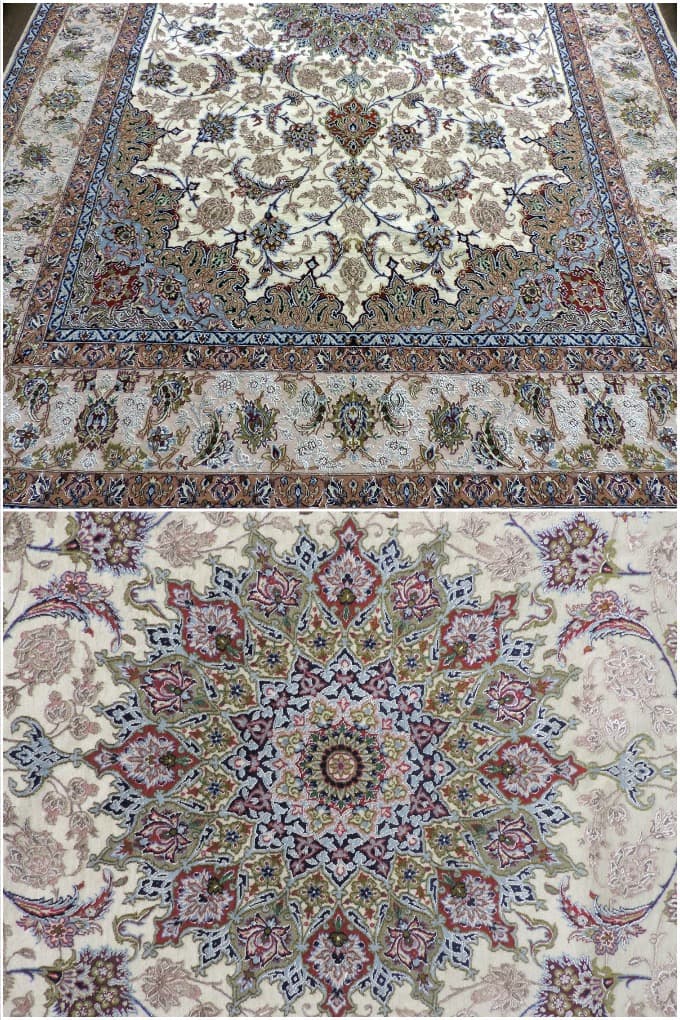 【100万ノット】イスファハン産ペルシャ絨毯 カーペット ウールコルク&シルク 上品な色柄手織り 最高級 ペルシャ絨毯の本場 イラン イスファハン産 高品質 工房名サイン入り 大型サイズ 259cm×170cm 【本物.保証/直輸入】