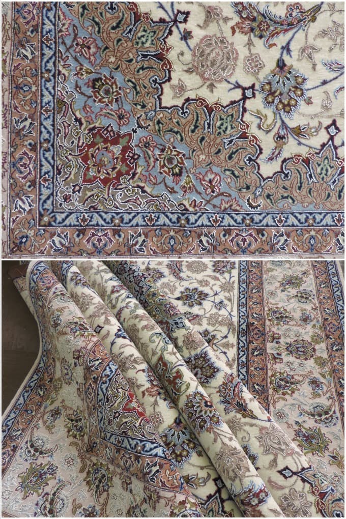 【100万ノット】イスファハン産ペルシャ絨毯 カーペット ウールコルク&シルク 上品な色柄手織り 最高級 ペルシャ絨毯の本場 イラン イスファハン産 高品質 工房名サイン入り 大型サイズ 259cm×170cm 【本物.保証/直輸入】
