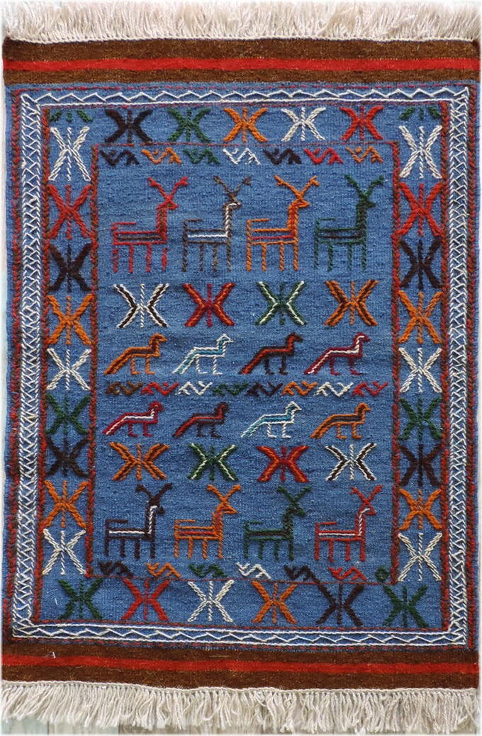 キリム 手織り ペルシャキリム ウール製 イラン 刺繍入りキリム グーチャン産 ラグ 敷物 玄関マットサイズ 100cmx67cm 【本物保証/直輸入】