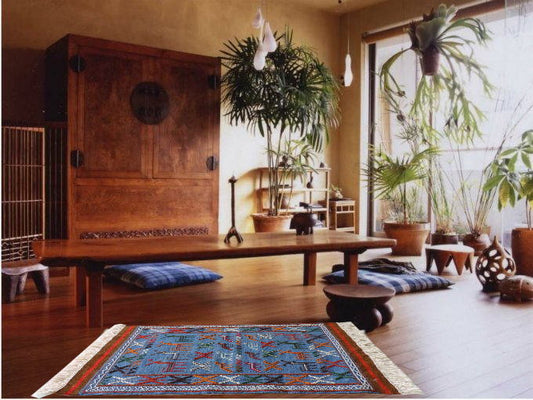 キリム 手織り ペルシャキリム ウール製 イラン 刺繍入りキリム グーチャン産 ラグ 敷物 玄関マットサイズ 100cmx67cm 【本物保証/直輸入】