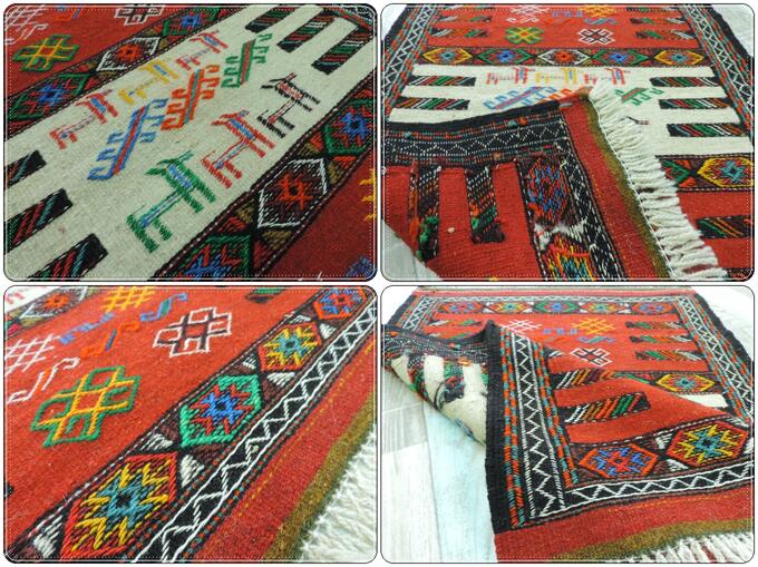 キリム 手織り ペルシャキリム ウール製 イラン 刺繍入りキリム グーチャン産 ラグ 敷物 玄関マットサイズ 100cmx64cm 【本物保証/直輸入】