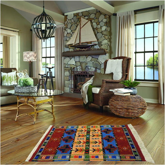 キリム 手織り ペルシャキリム ウール製 イラン 刺繍入りキリム グーチャン産 ラグ 敷物 玄関マットサイズ 99cmx65cm 【本物保証/直輸入】